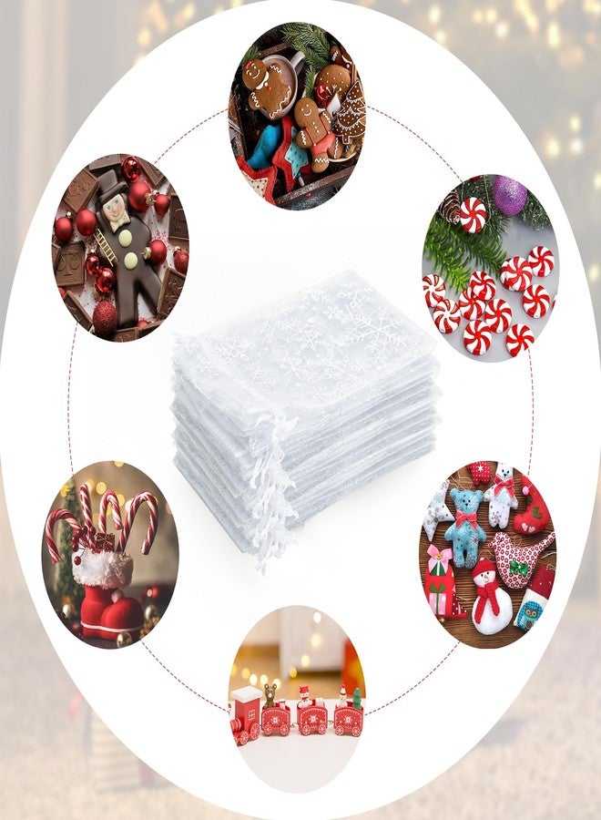 g2 بلس أكياس أورجانزا برباط من G2PLUS لعيد الميلاد، 4 × 6 - 50 قطعة، أكياس هدايا أورجانزا مزينة برقاقات الثلج، أكياس شبكية بيضاء شفافة، أكياس شبكية شفافة لعيد الميلاد الشتوي للمجوهرات والحلوى والهدايا - Image 4